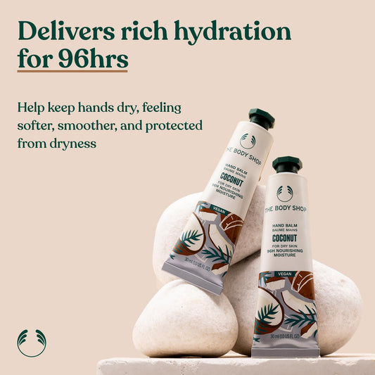 The Body Shop coconut hand balm tube open with cream visible, easy controlled dispense
