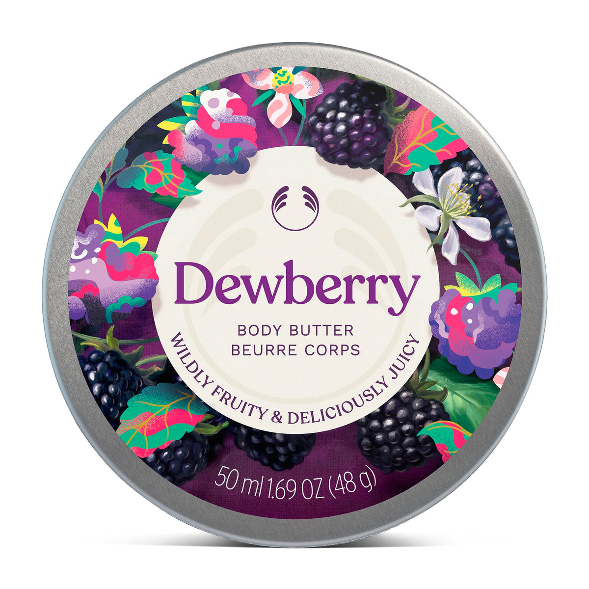 The Body Shop dewberry body butter front jar showing packaging and indulgent benefit