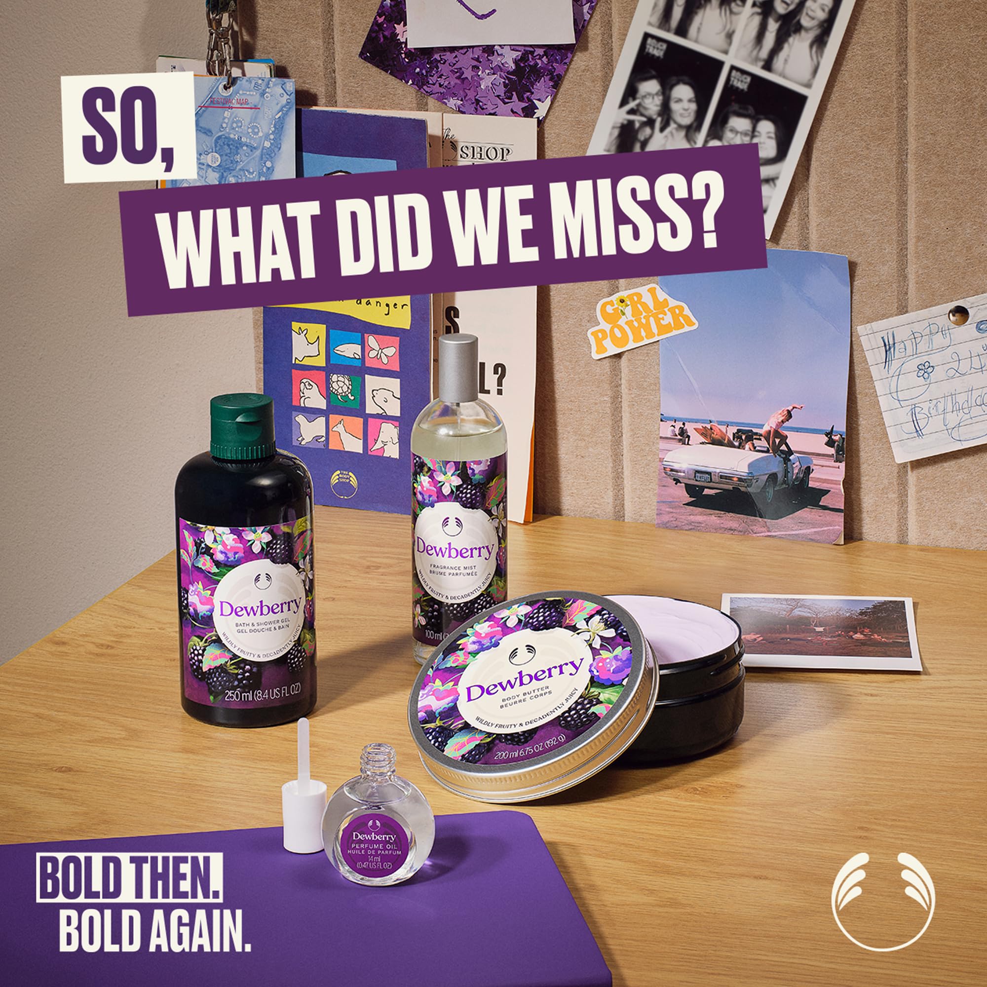 The Body Shop dewberry fragrance notes display illustrating fruity-floral scent benefit