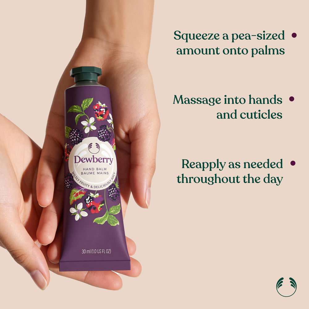 Applying The Body Shop Dewberry hand balm to hands demonstrating softening and cuticle care benefit
