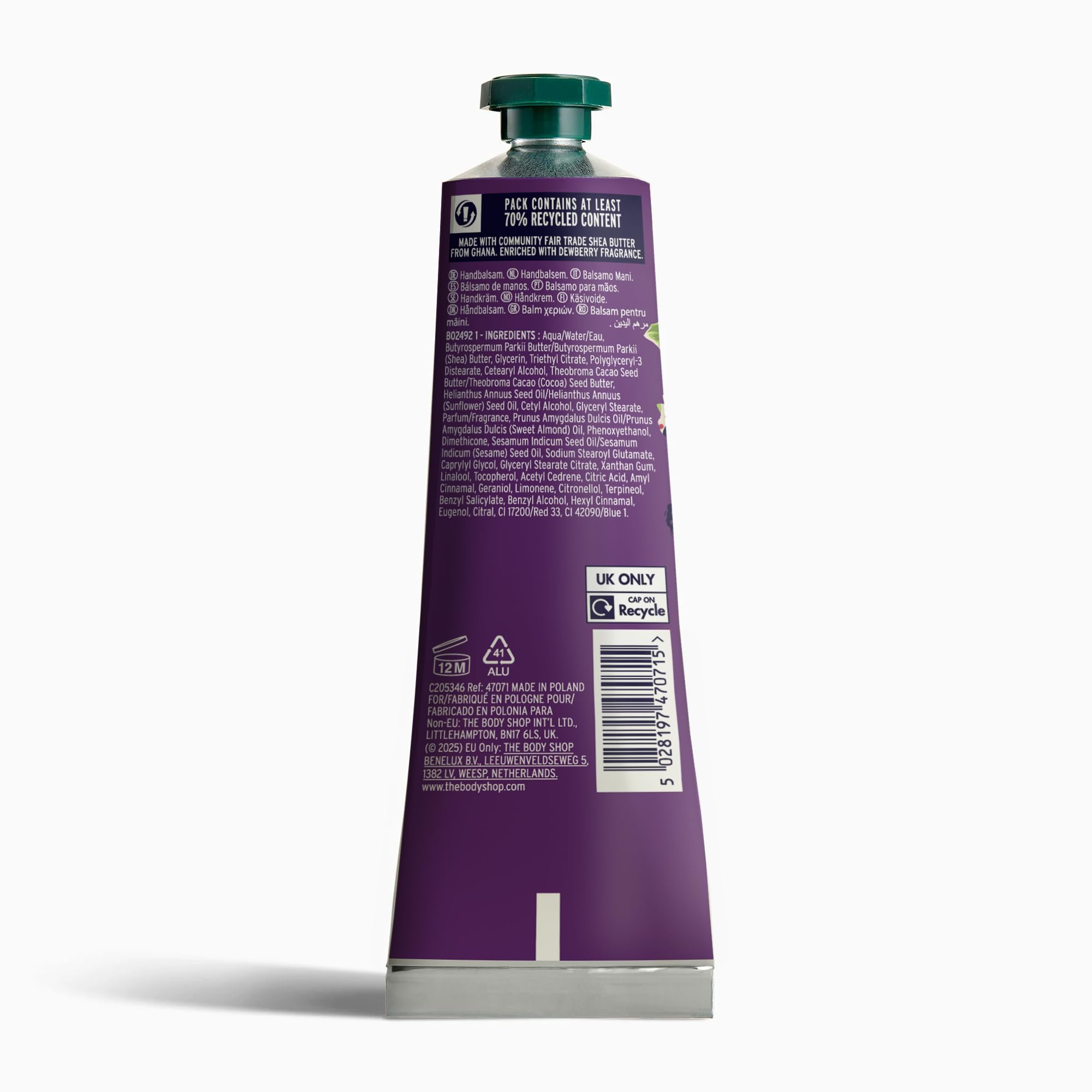 The Body Shop Dewberry hand balm texture visible at the open cap indicating fast-absorbing, non-greasy feel