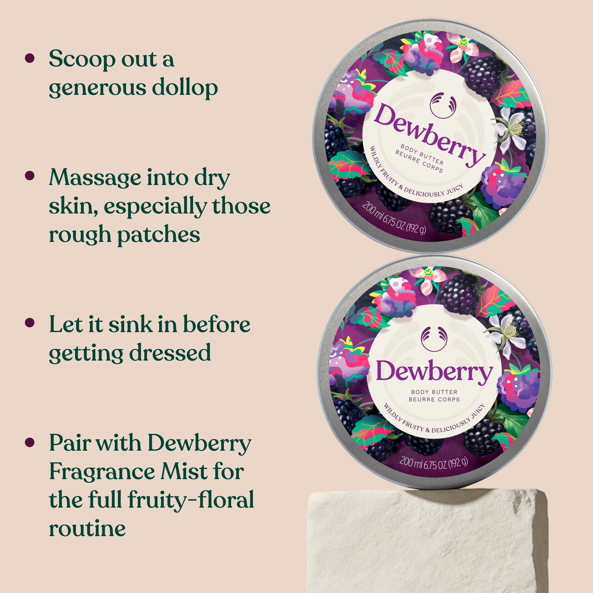 The Body Shop dewberry body butter label close-up highlighting ingredients and clarity benefit