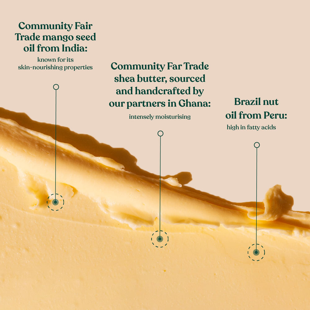 The Body Shop mango body butter aluminium lid close-up highlighting recyclable packaging benefits