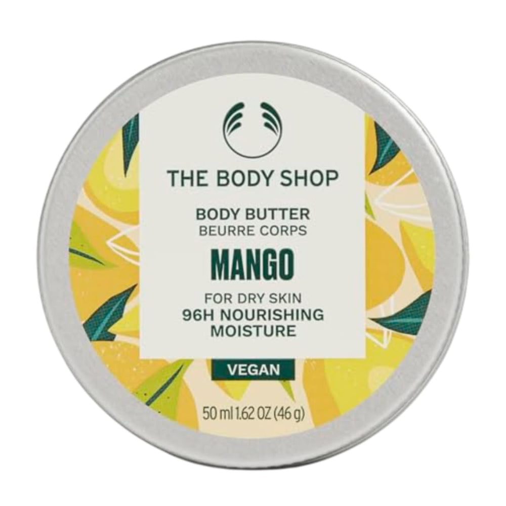 The Body Shop mango body butter front view showing tub and label for easy identification and benefit