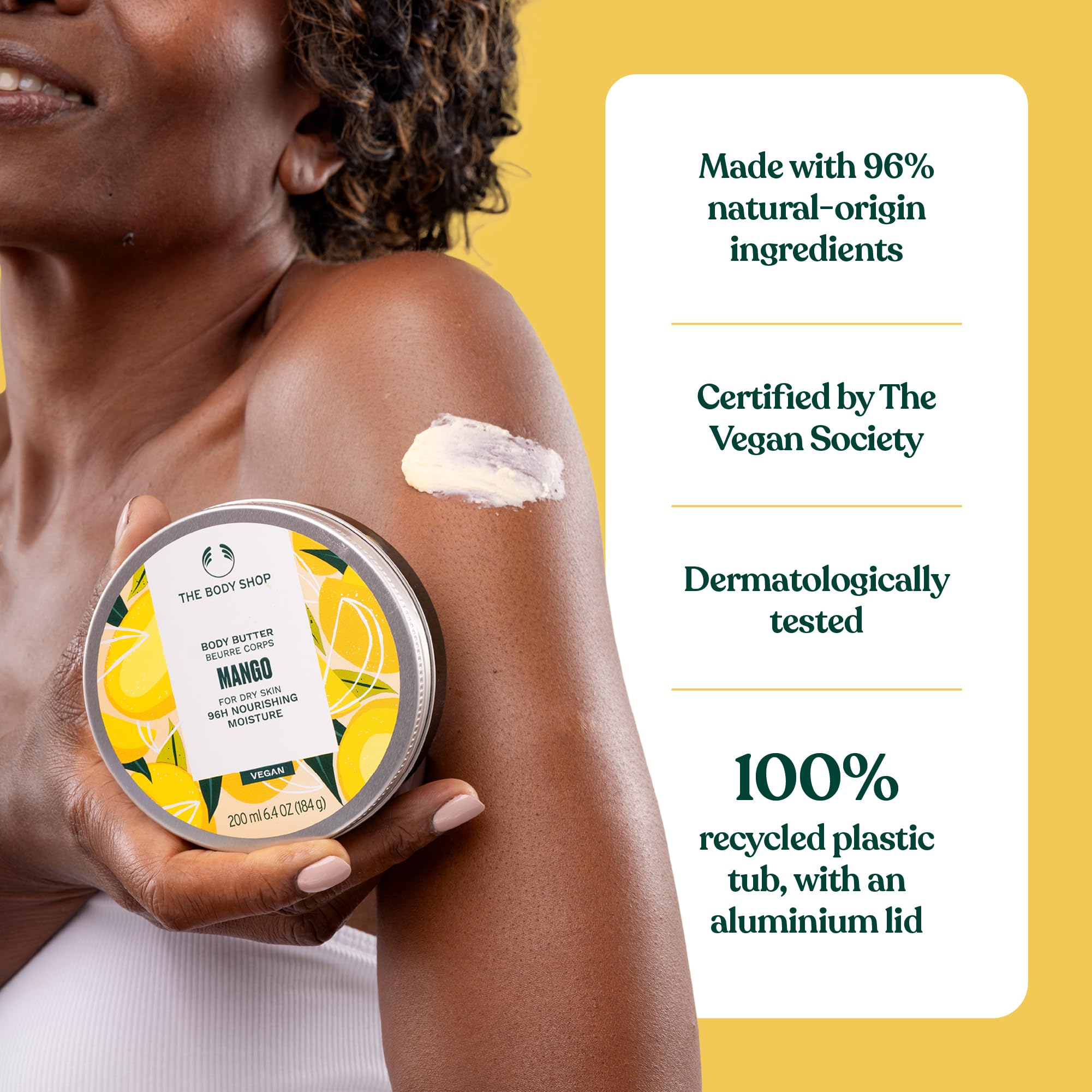 The Body Shop mango body butter with Community Fair Trade ingredient jars showing ethical sourcing benefit