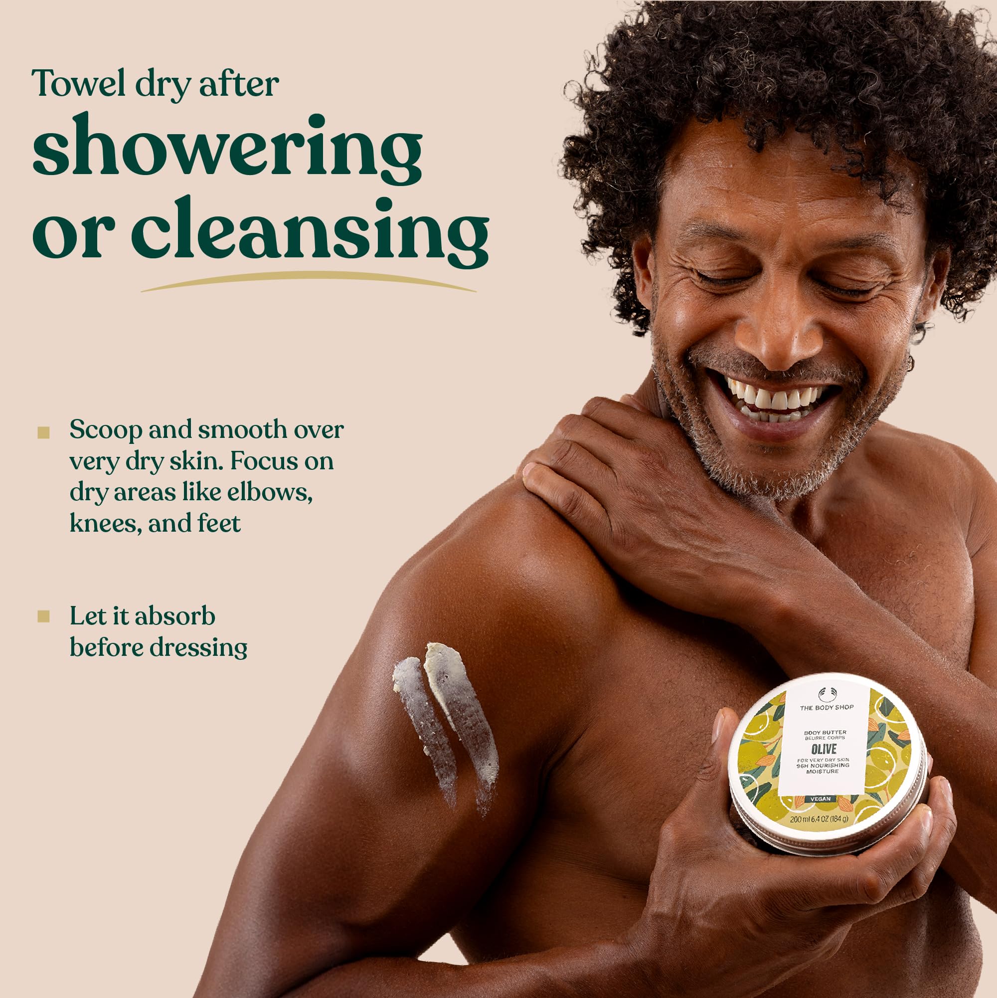 The Body Shop Olive Body Butter on bathroom counter in lifestyle shot showing daily self-care benefit