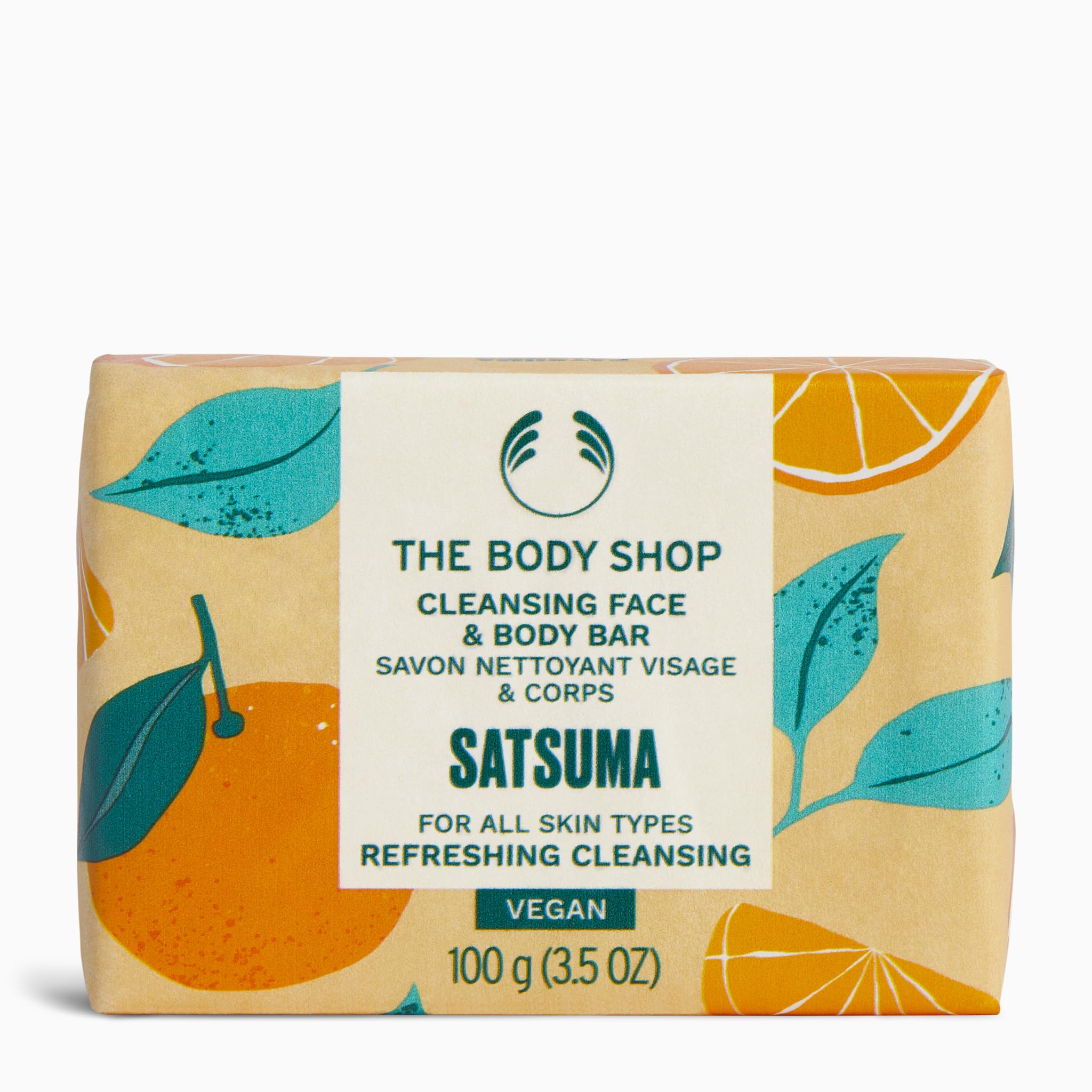 The Body Shop satsuma bar front packaging showing recyclable paper and citrus branding benefits refreshment