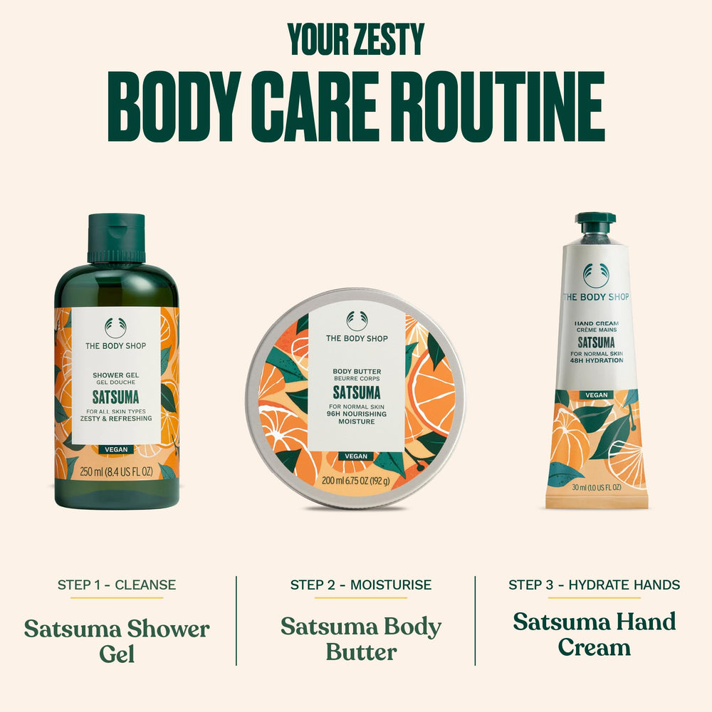 The Body Shop satsuma in shower scene demonstrating daily use and refreshing scent benefit