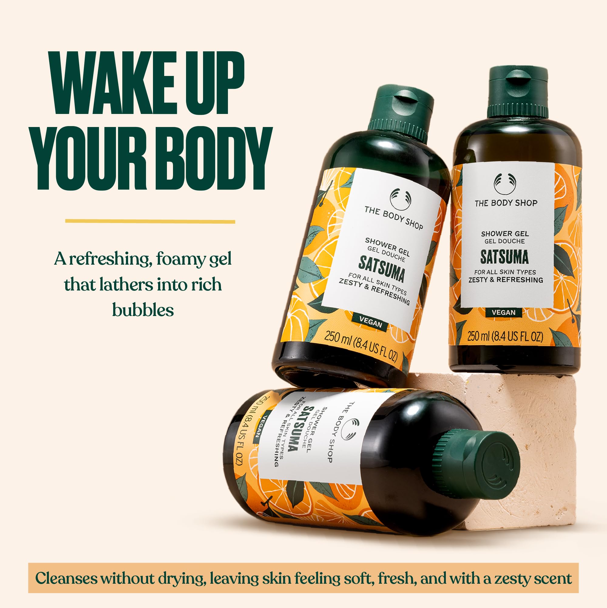 The Body Shop satsuma pump detail for easy dispensing and controlled use benefit