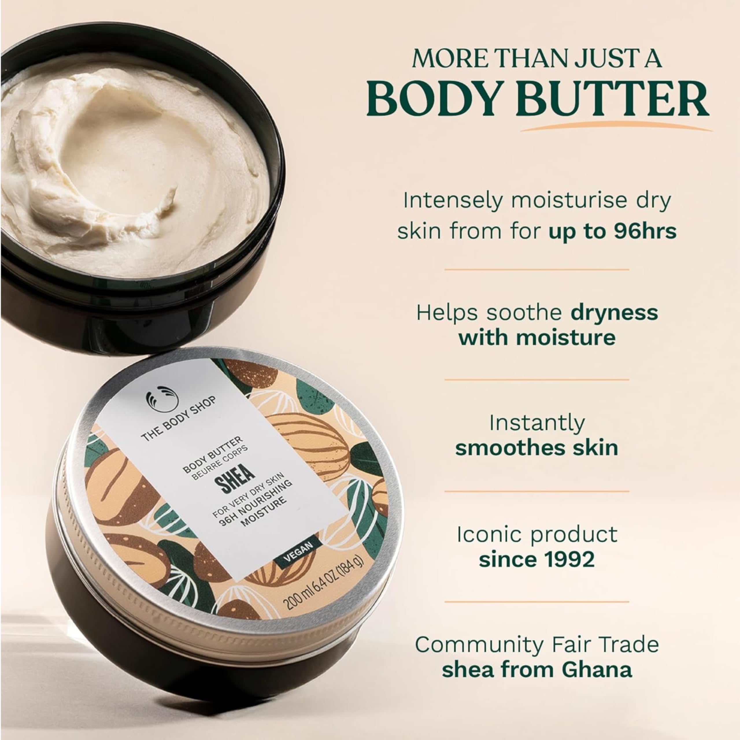 The Body Shop shea applied to hand demonstrating fast absorption benefit