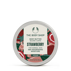 The Body Shop strawberry body butter jar front showing creamy texture and nourishing effect