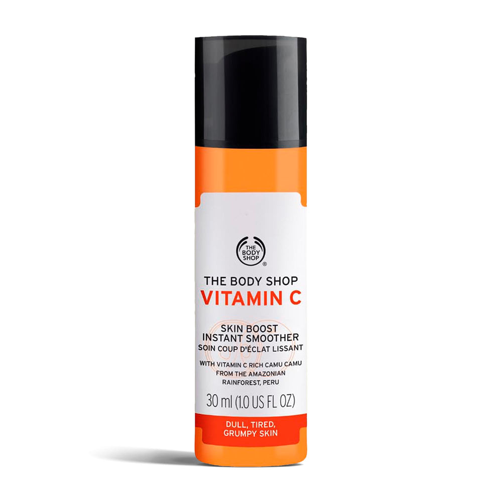 The Body Shop front bottle showing label and radiance-boost benefit