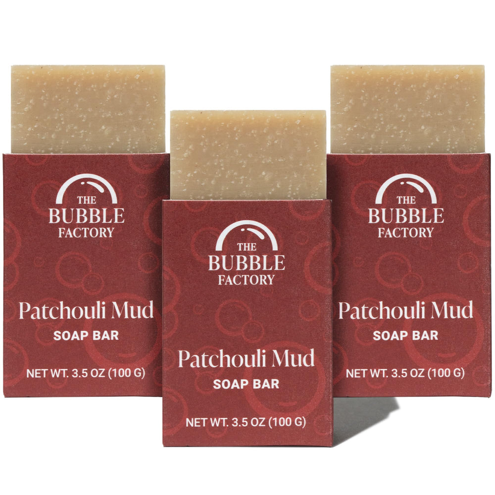 The Bubble Factory front packaging showing Patchouli Mud scent and benefits