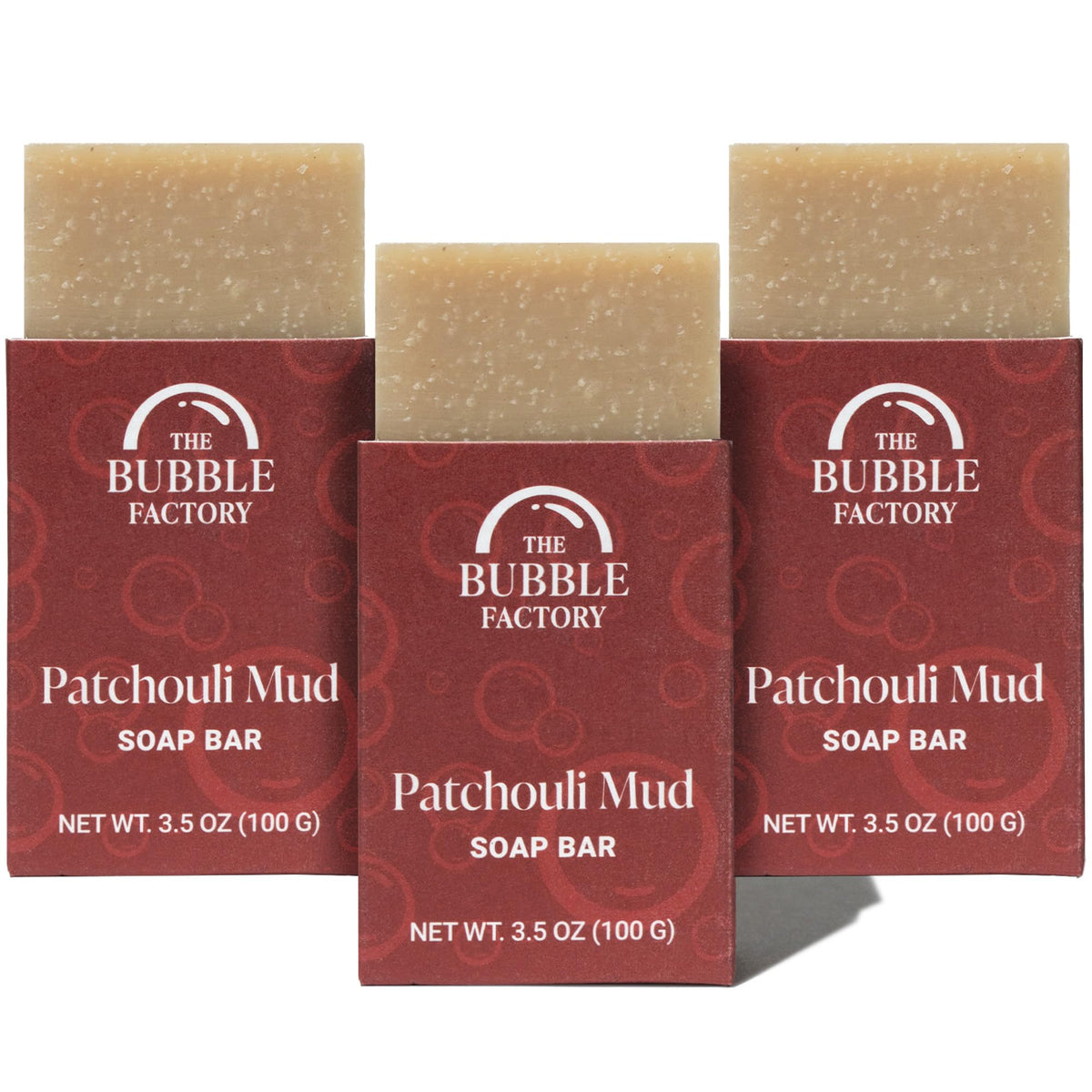 The Bubble Factory front packaging showing Patchouli Mud scent and benefits