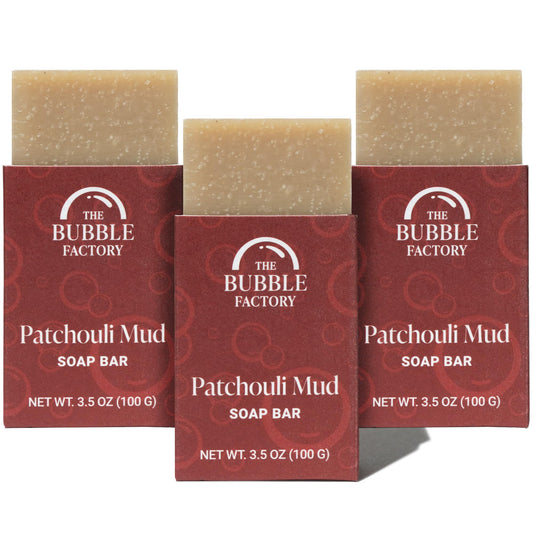 The Bubble Factory front packaging showing Patchouli Mud scent and benefits