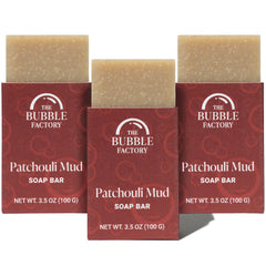The Bubble Factory front packaging showing Patchouli Mud scent and benefits