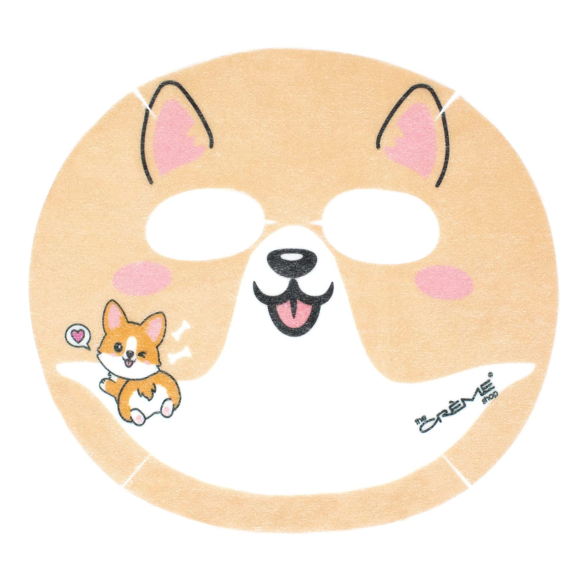 The Crème Shop corgi mask in use close-up demonstrating snug fit and hydrated glow
