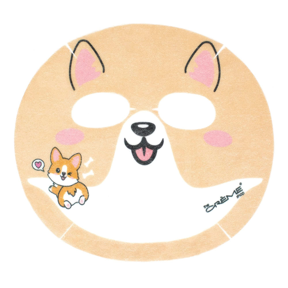 The Crème Shop corgi mask in use close-up demonstrating snug fit and hydrated glow