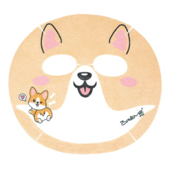 The Crème Shop corgi mask in use close-up demonstrating snug fit and hydrated glow