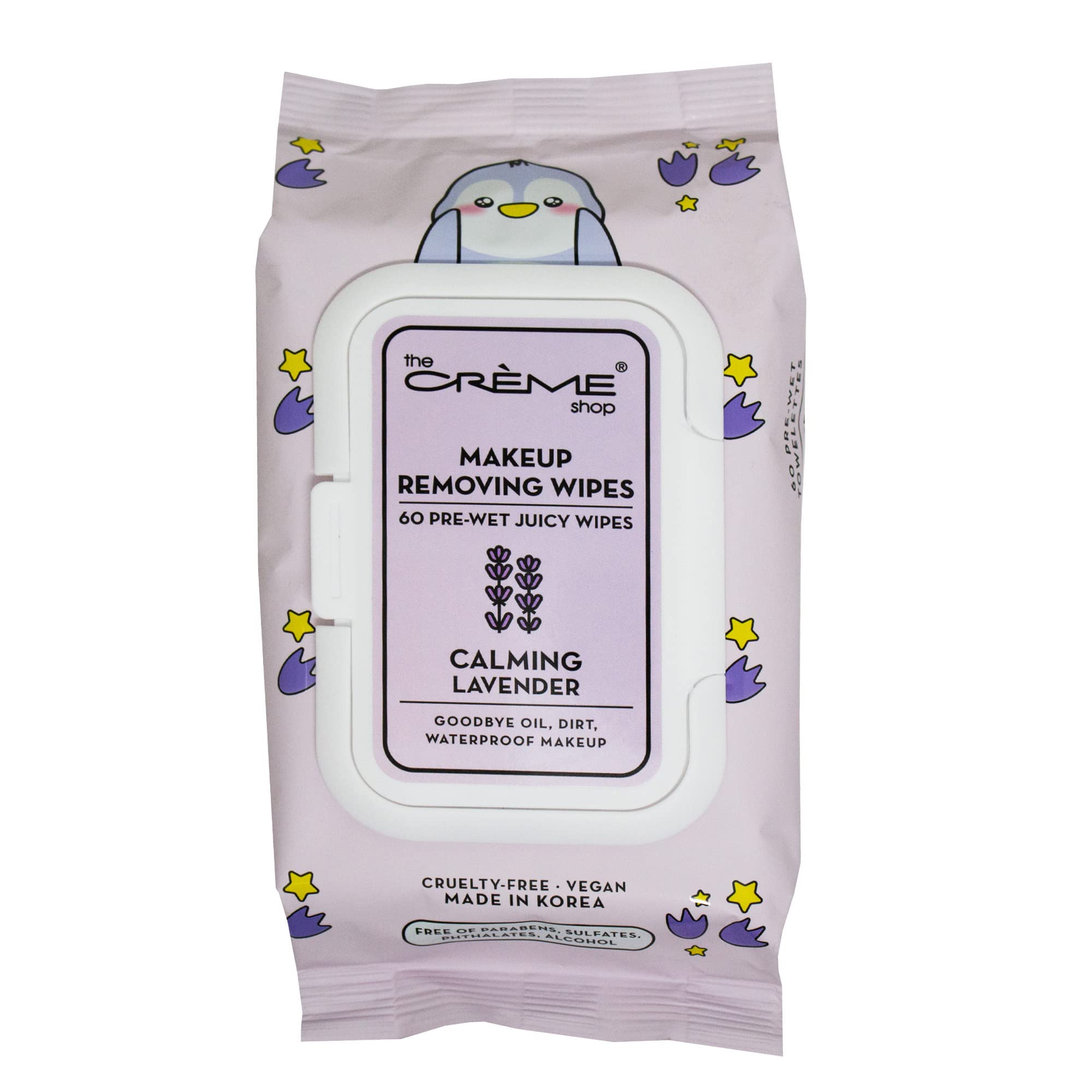 The Crème Shop front pack image showing wipes and calming lavender benefit