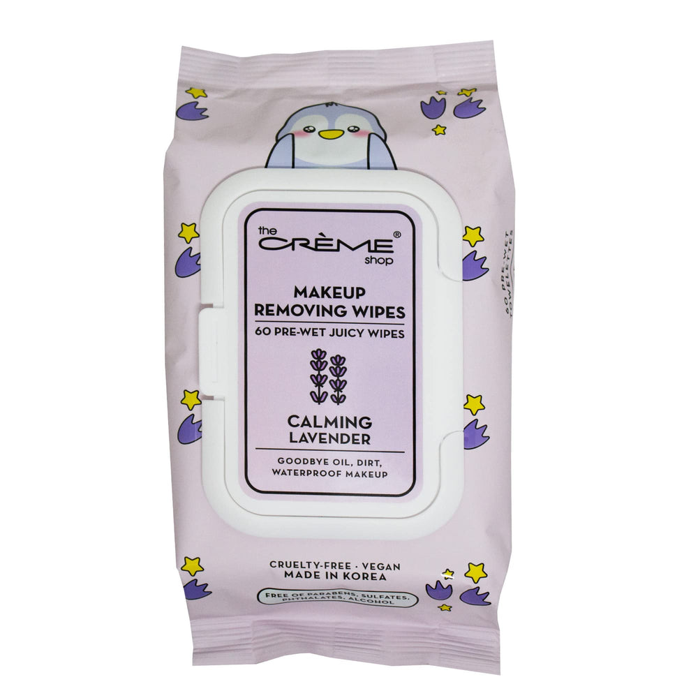 The Crème Shop front pack image showing wipes and calming lavender benefit