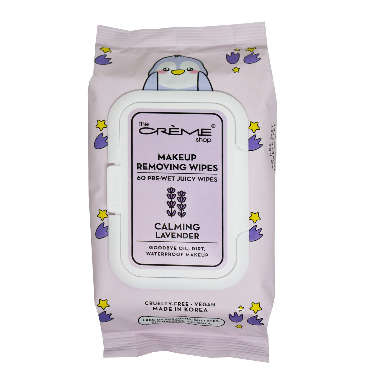 The Crème Shop front pack image showing wipes and calming lavender benefit