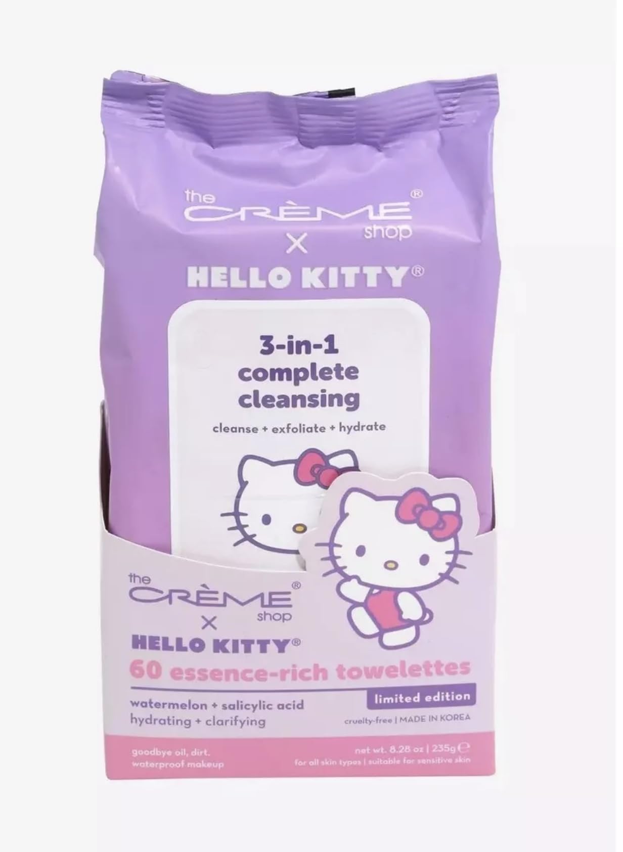 The Crème Shop Hello Kitty front pack showing wipes and quick makeup removal