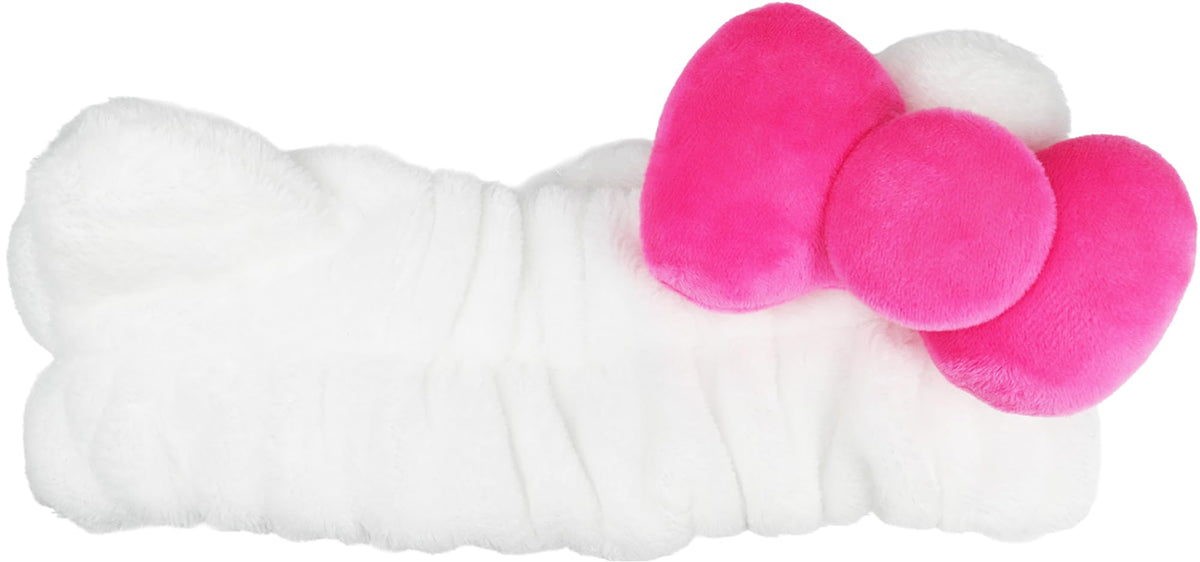The Crème Shop front view of plush Hello Kitty headband showing cute bow and fit benefit