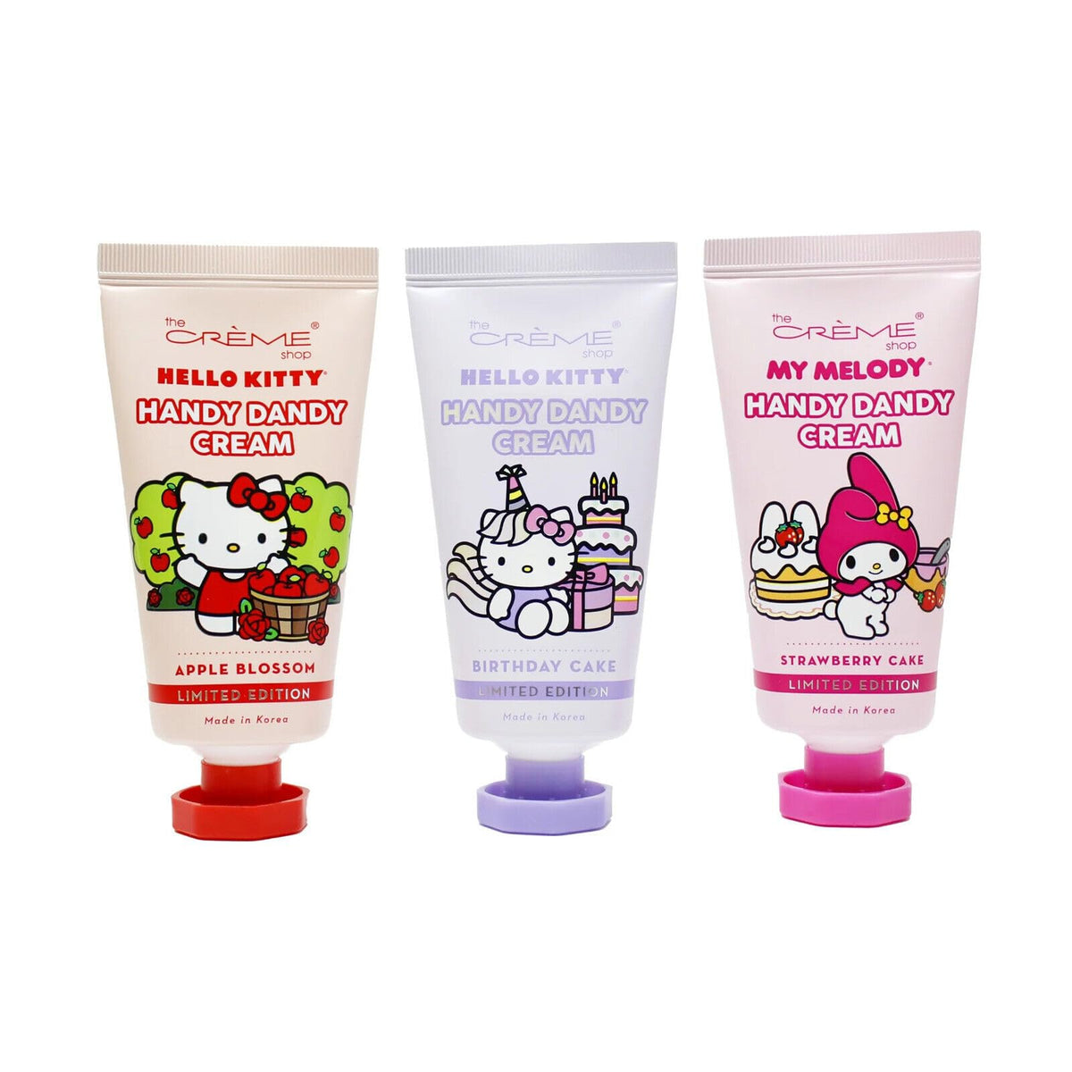 The Crème Shop Hello Kitty trio front packaging showing three tubes and nourishing benefits