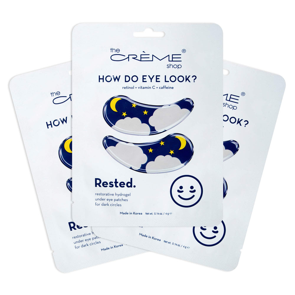 The Crème Shop front packaging showing rested hydrogel patches and brightening benefit
