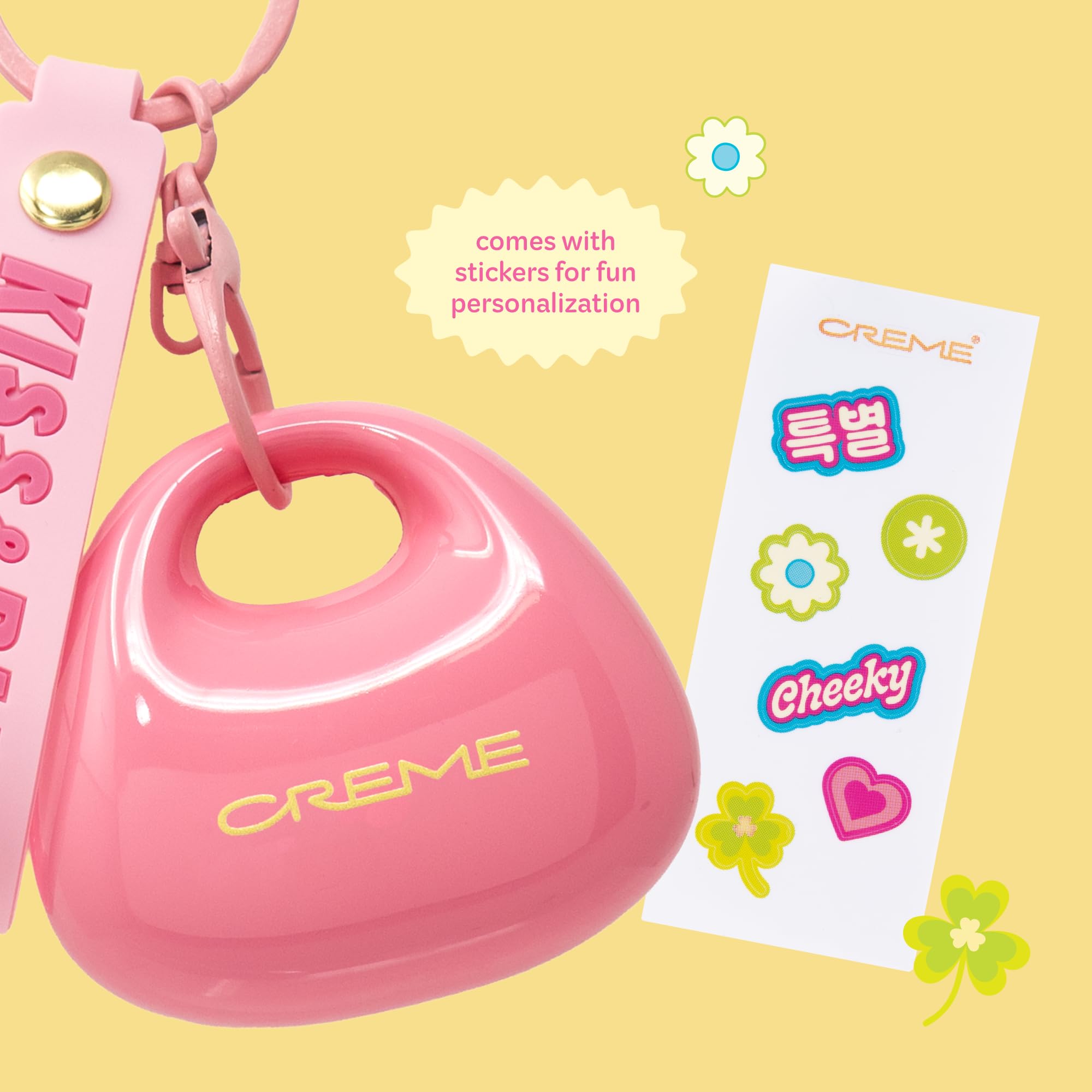 The Crème Shop sticker sheet and charm flatlay showing customization fun benefit
