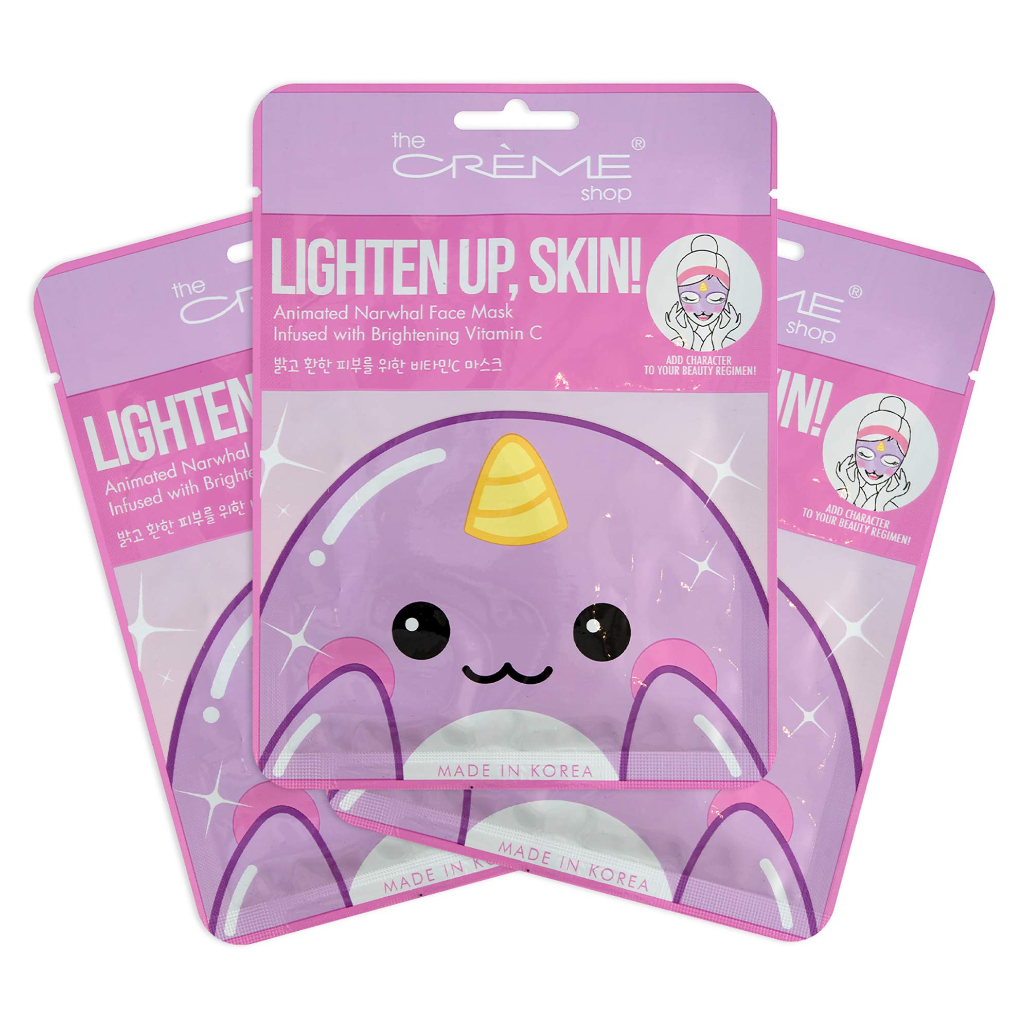The Crème Shop narwhal front packaging showing three masks and playful design benefit: fun gifting