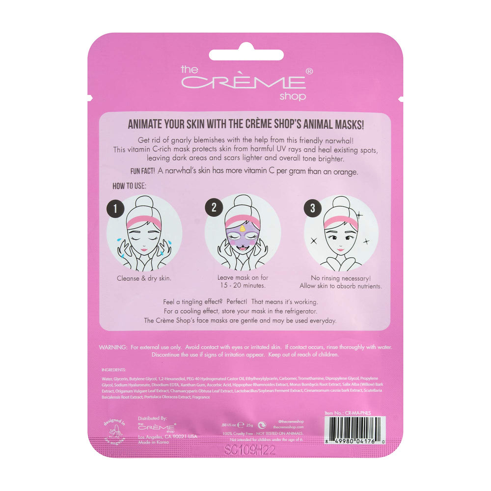 The Crème Shop narwhal pack beside a coin showing scale and single-use convenience benefit