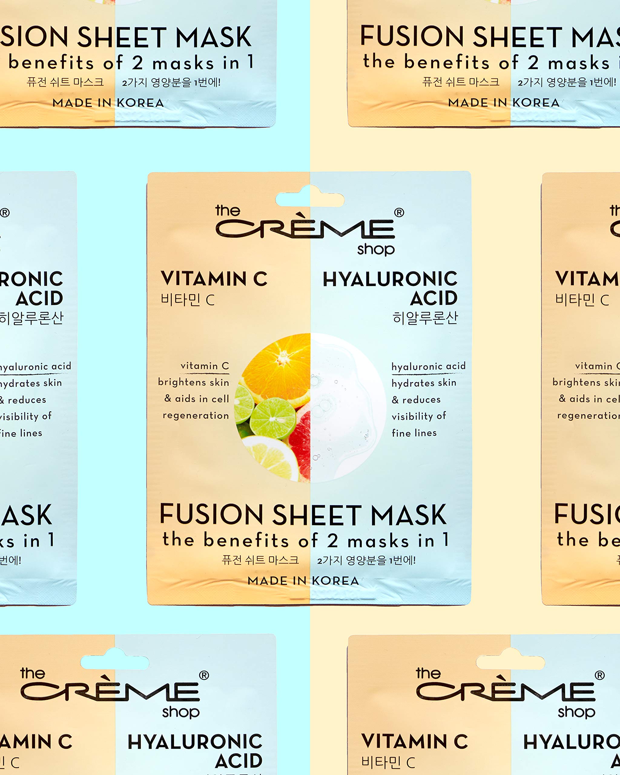 The Crème Shop mask held in hand to show sheet size and portable travel-friendly benefit