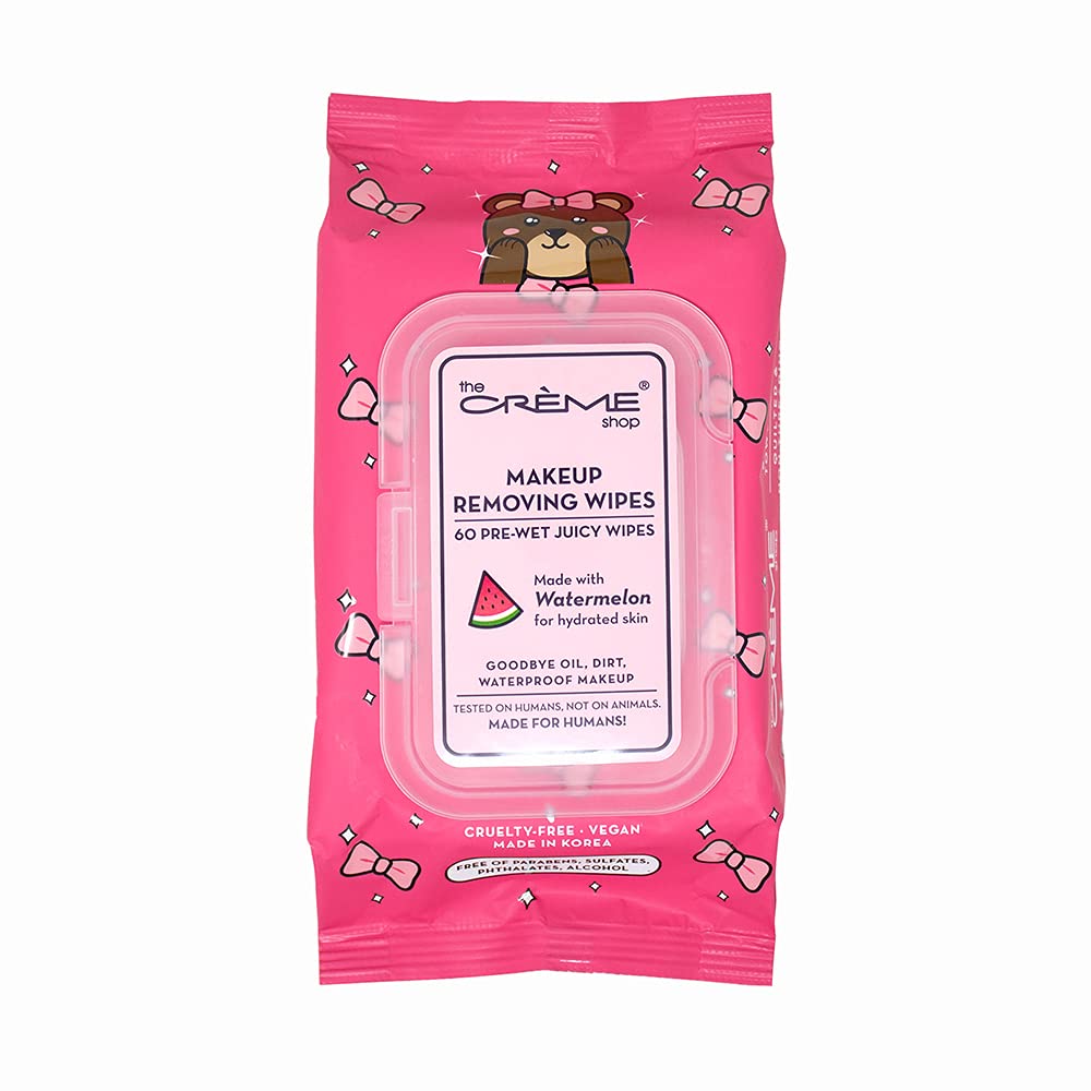The Crème Shop front packaging of watermelon wipes showing easy access and hydration benefits