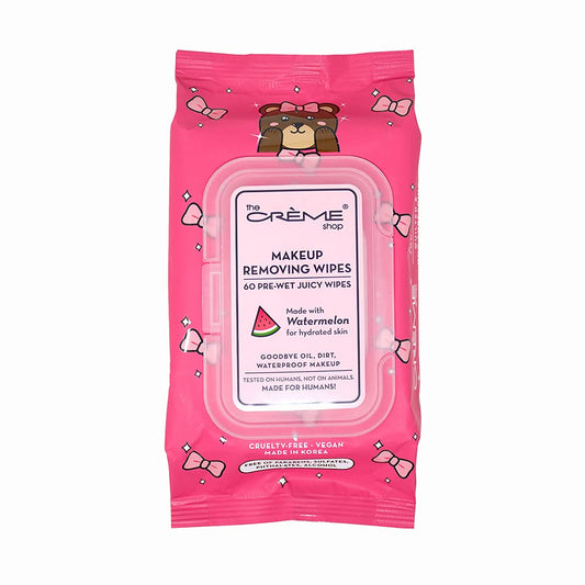The Crème Shop front packaging of watermelon wipes showing easy access and hydration benefits