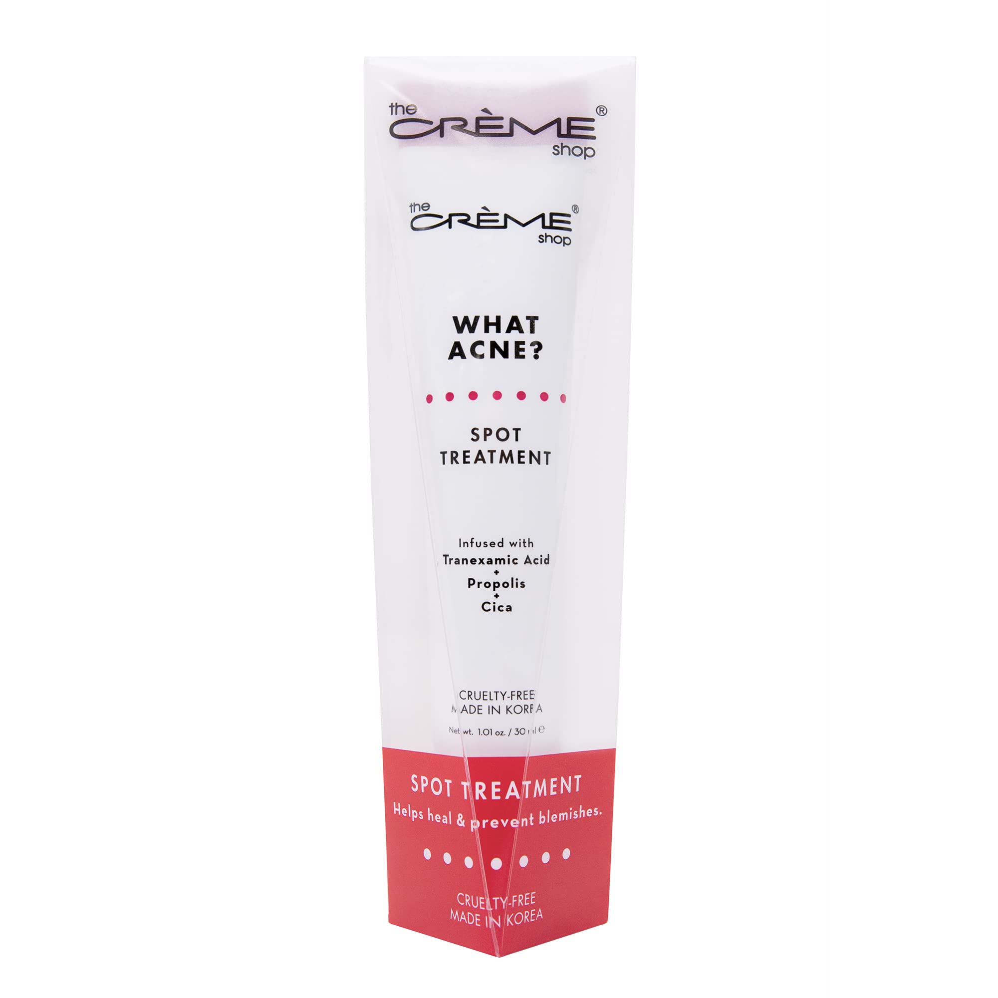 The Crème Shop clear serum texture on fingertip highlighting quick absorption benefit