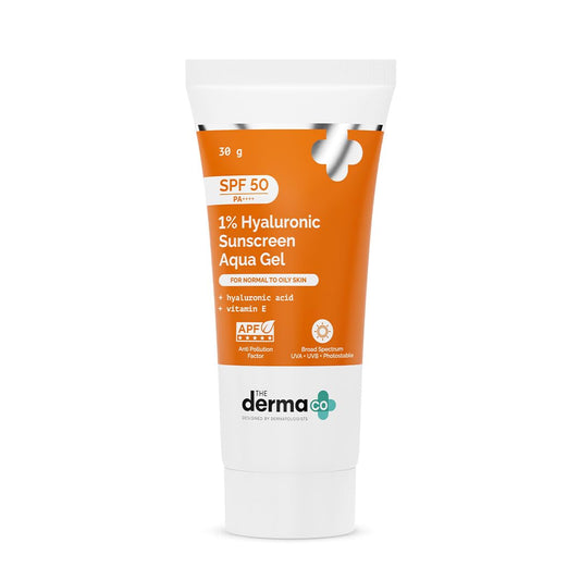 The Derma Co front packaging showing sleek tube and clear SPF benefit