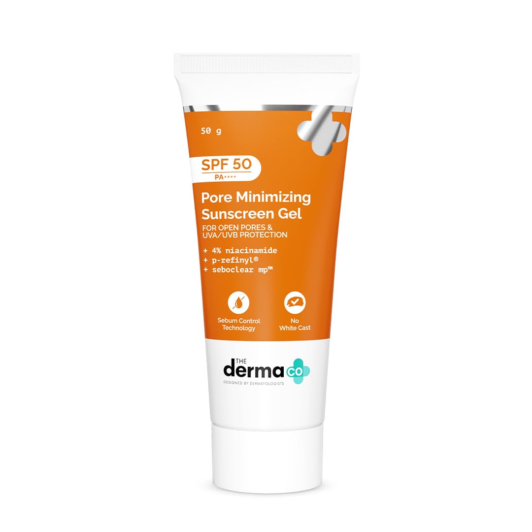 The Derma Co front packaging showing SPF 50 and pore-minimizing benefit