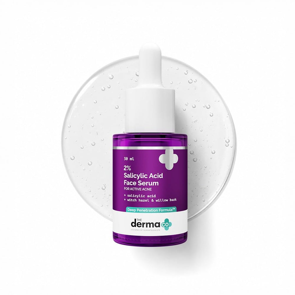 The Derma Co front bottle showing clear 2% salicylic serum for acne control