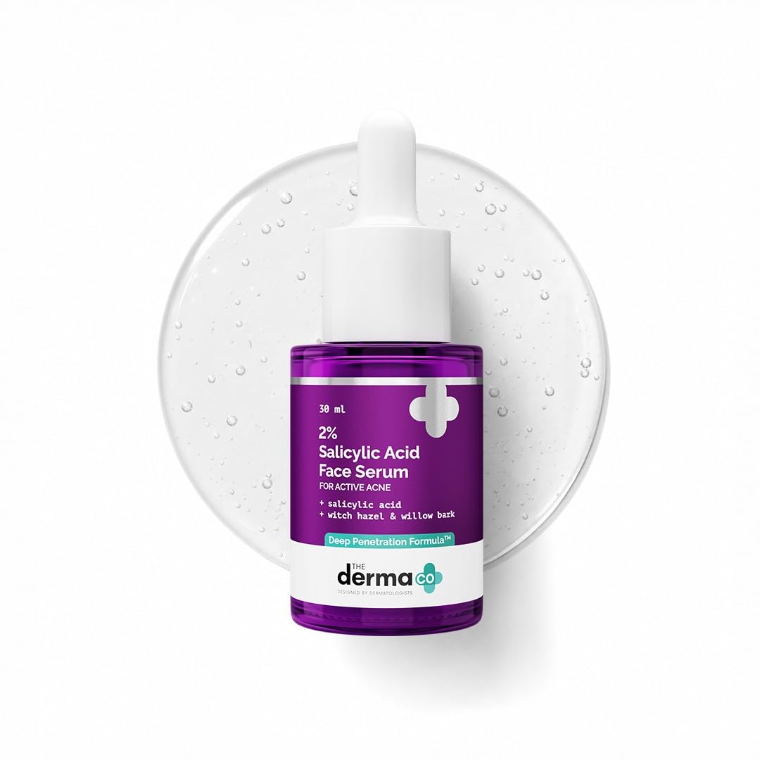 The Derma Co front bottle showing clear 2% salicylic serum for acne control