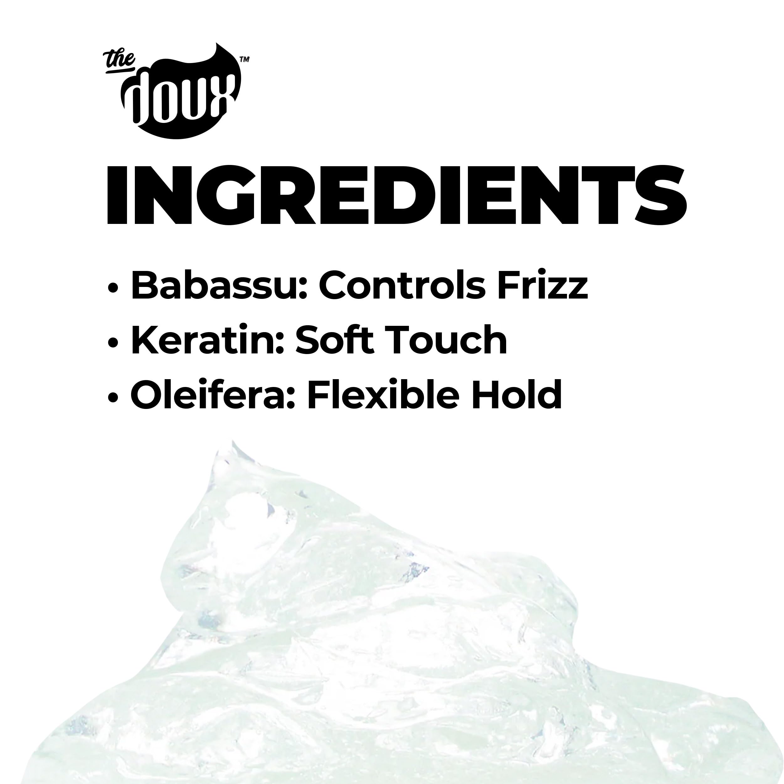 The Doux with babassu oil visual emphasizing nourishing, flexible hold