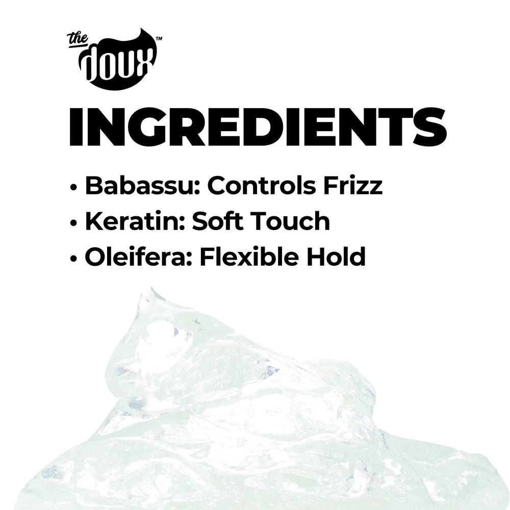 The Doux with babassu oil visual emphasizing nourishing, flexible hold