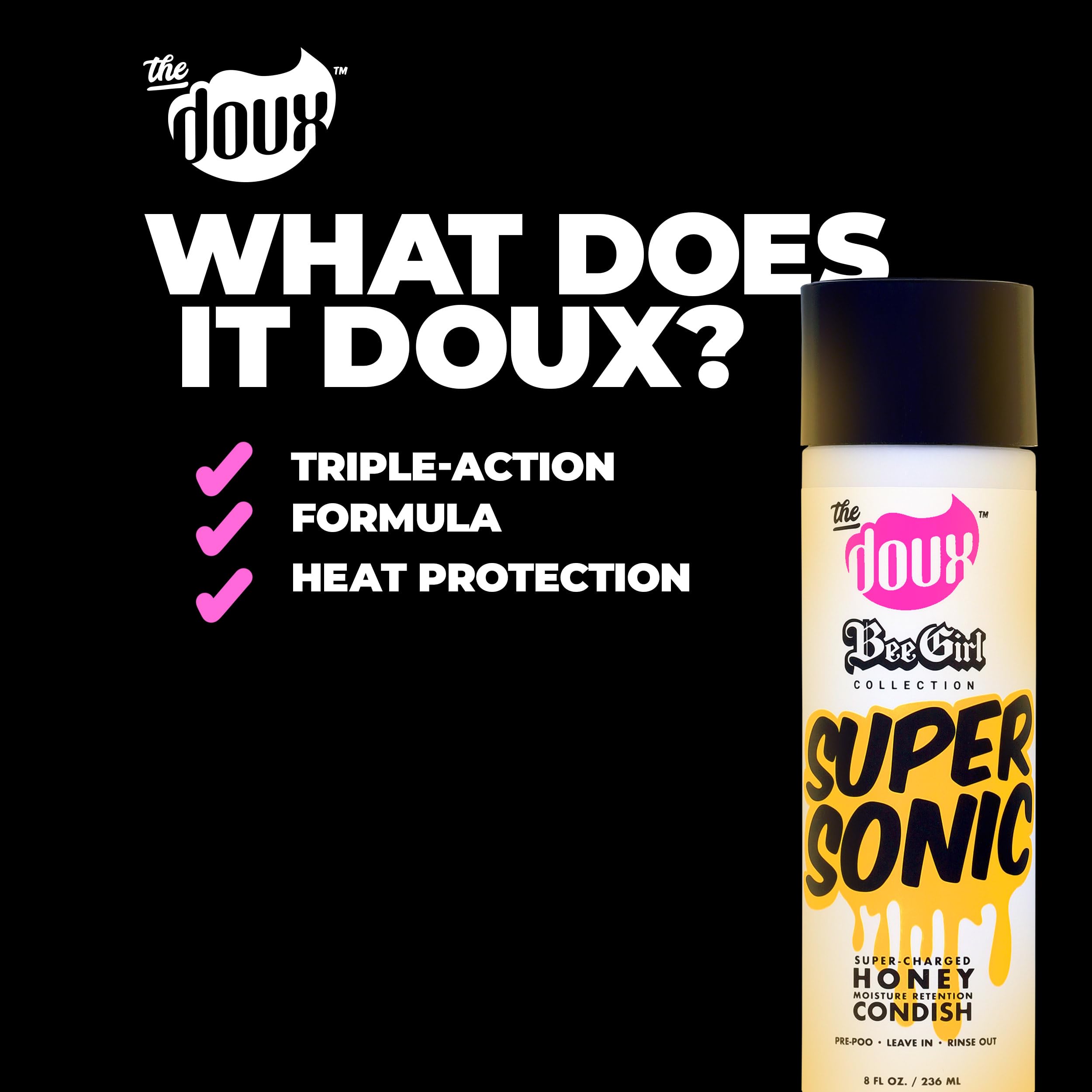 The Doux label close-up listing honey, aloe, keratin and vitamins for hair health