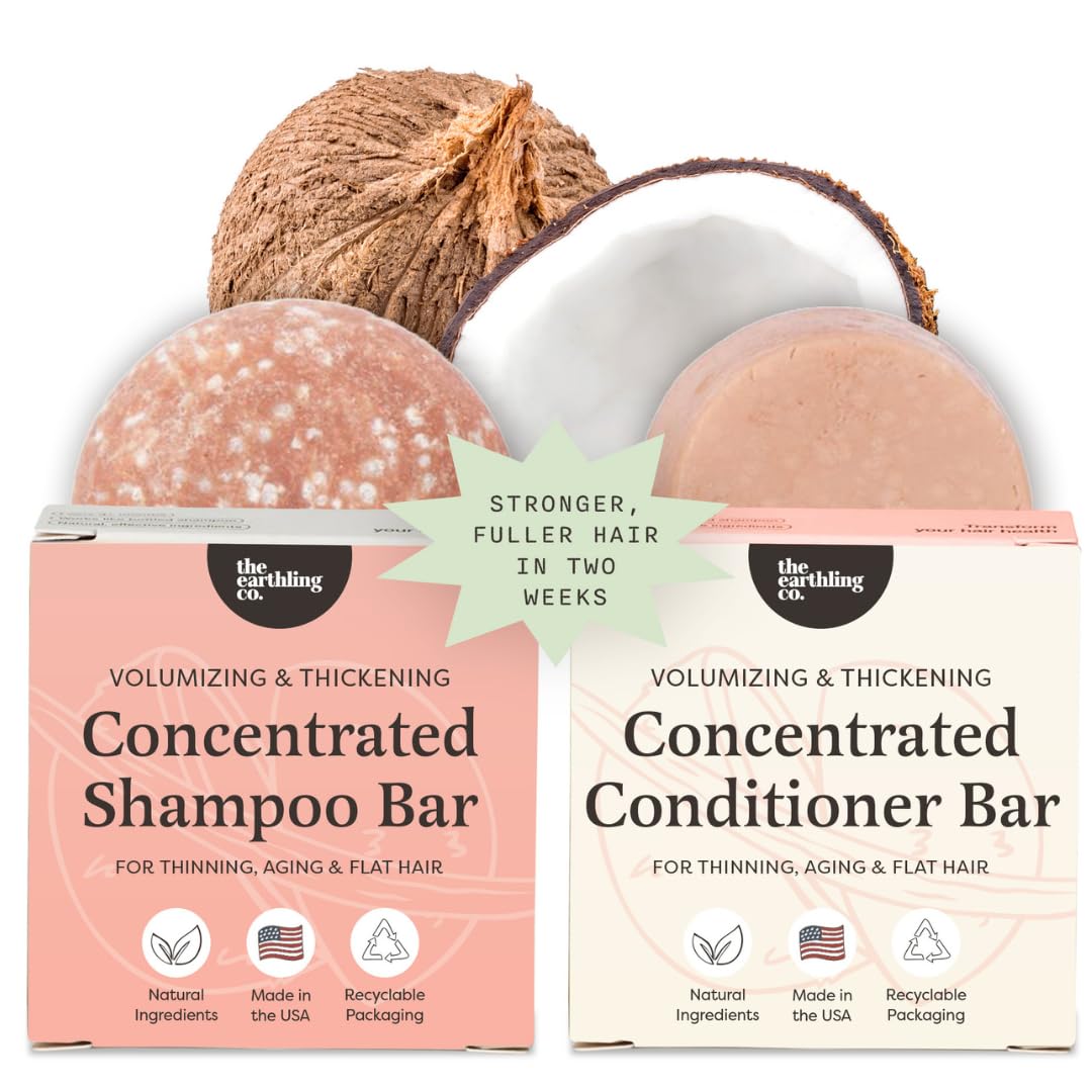 The Earthling Co. front packaging showing volumizing shampoo and conditioner set and eco benefit