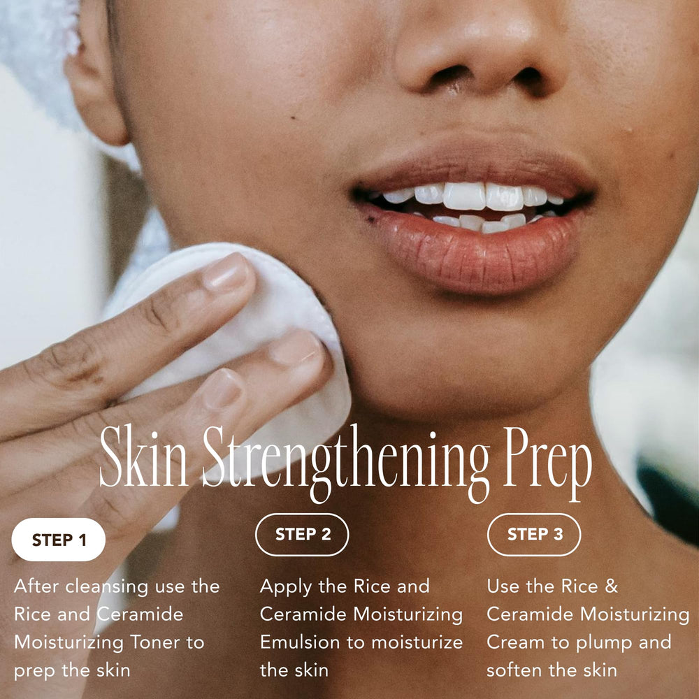 Product label close-up on The Face Shop set listing rice and ceramide components for transparency