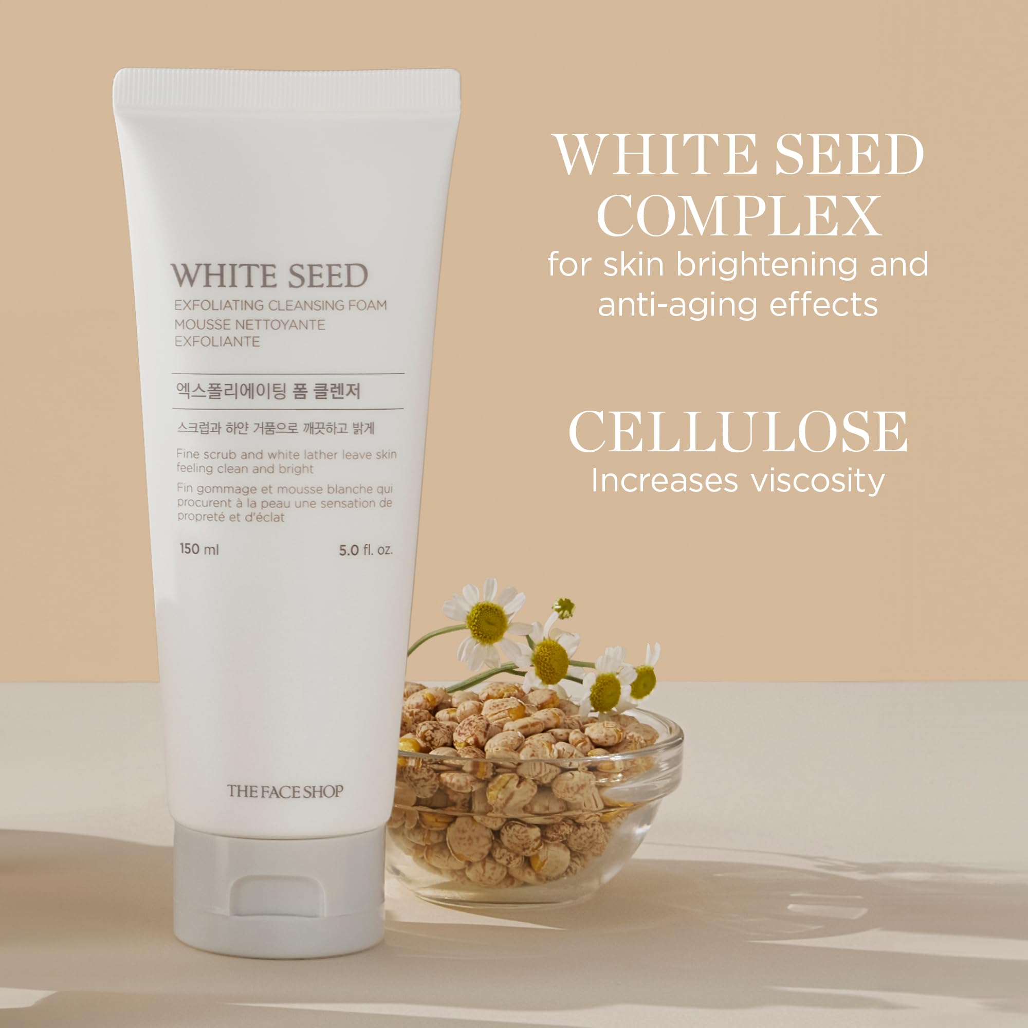 The Face Shop botanicals display with daisy and lupin seeds indicating natural extracts