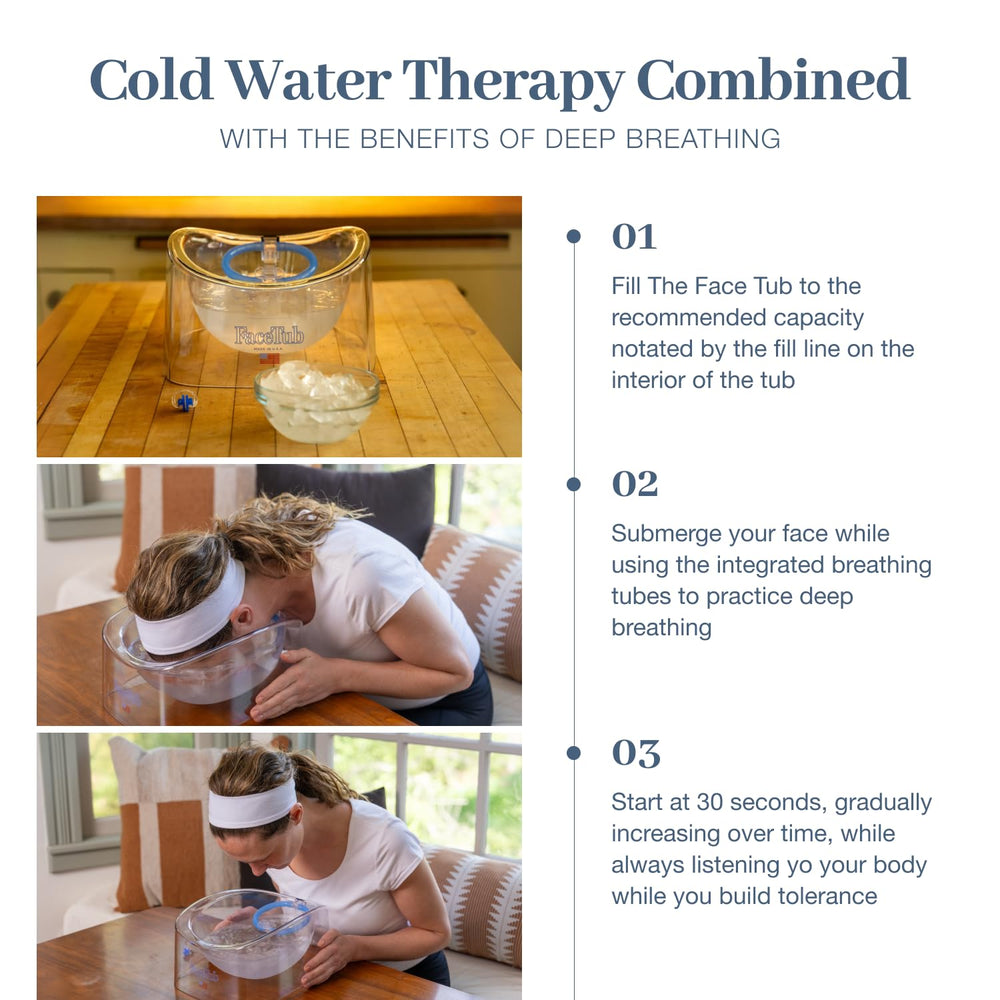 The FaceTub in use during morning ritual showing breath-focused cold plunge for energy benefit