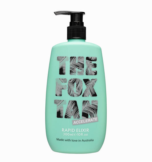 THE FOX TAN front bottle view showing sleek 300mL packaging and clarity benefit