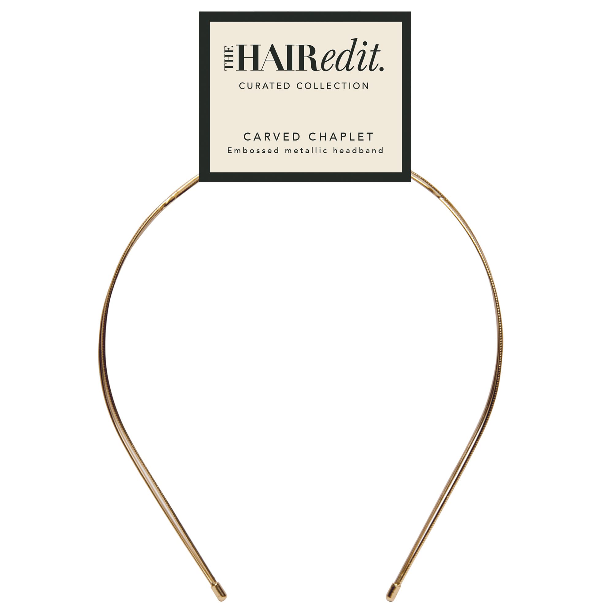 The Hair Edit carved chaplet front view showing sculpted metallic crown and polished finish